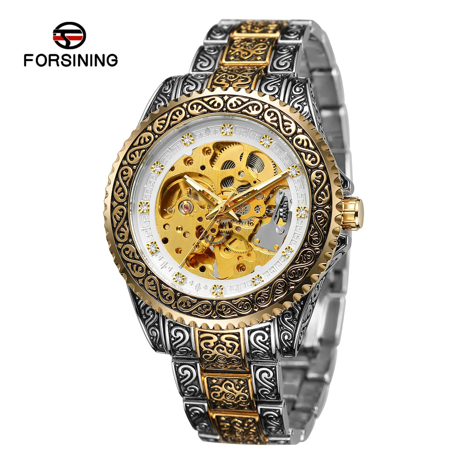 

Luxury Gold Crystal Hollow Skeleton Mechanical Watch Men Automatic Vintage Royal Watch for Men Fashion Engraved Auto Wrist Watch