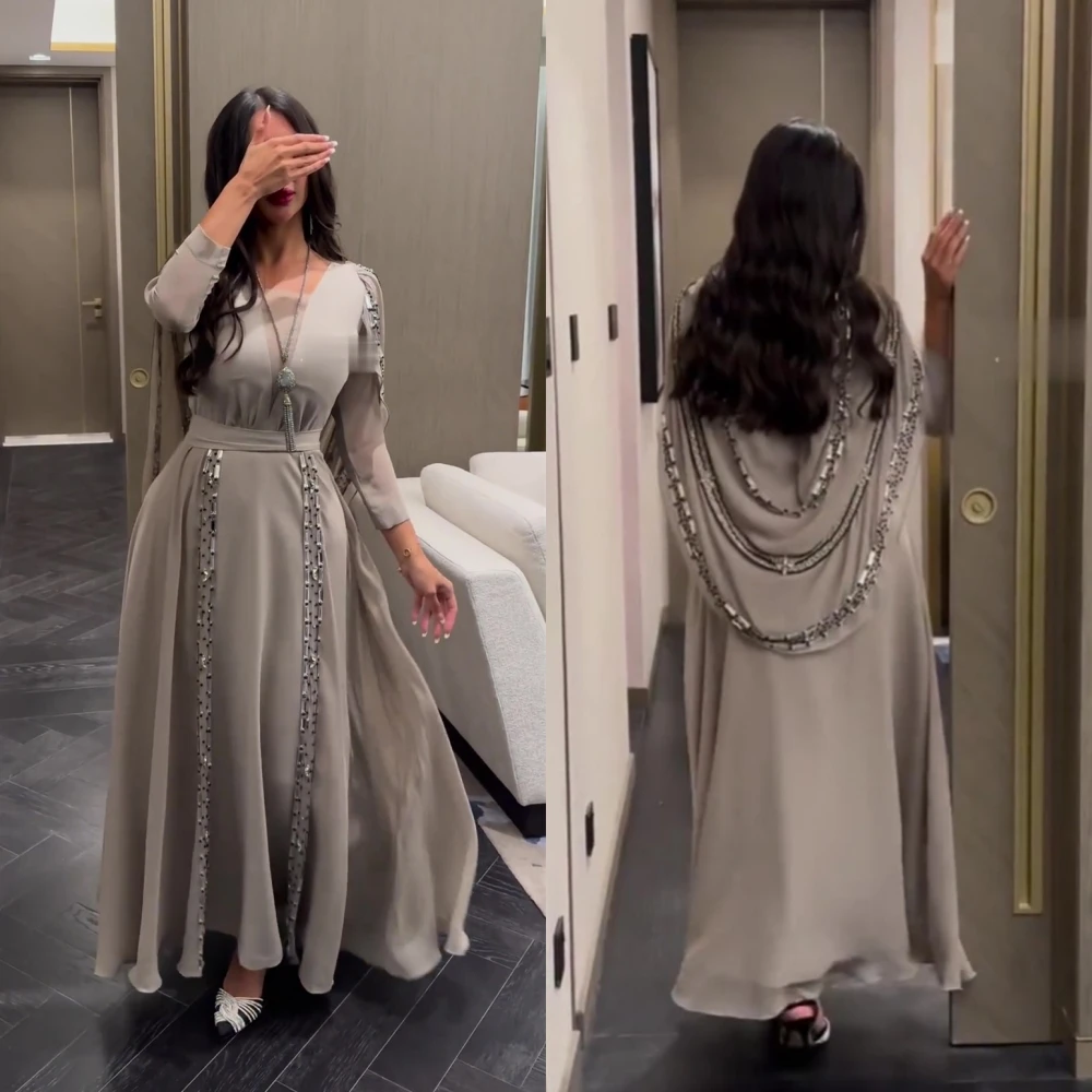 

Elegant Jewel A-line Anke Length Prom Dresses Rhinestone Chiffon Formal Occasion Gown robe pour cérémonie de mariageفساتين الحفل