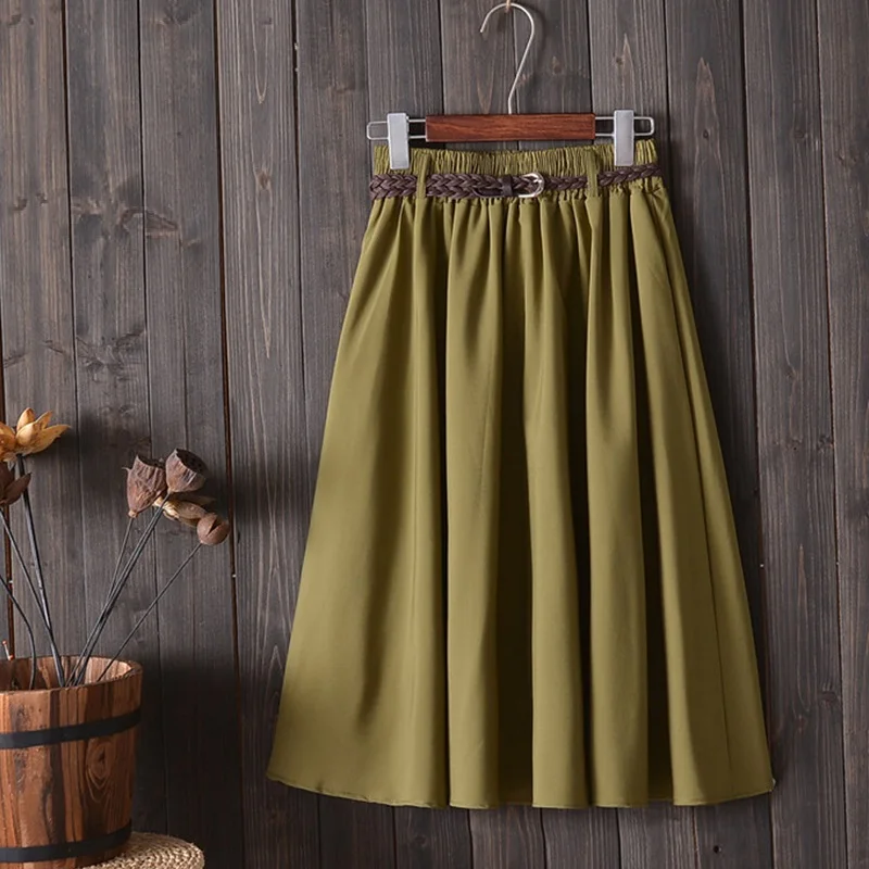 

Casual Loose Knee Length Midi Summer Skirt Women With Belt New 2023 Korean Ladies Blue Black Red High Waist Pleated Skirt Female