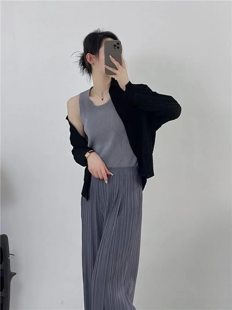 여성용 플리츠 탑, 긴팔 가디건, 숄 오버레이, 자외선 차단, 작은 셔츠 재킷, 가벼운 여름 신상 티셔츠