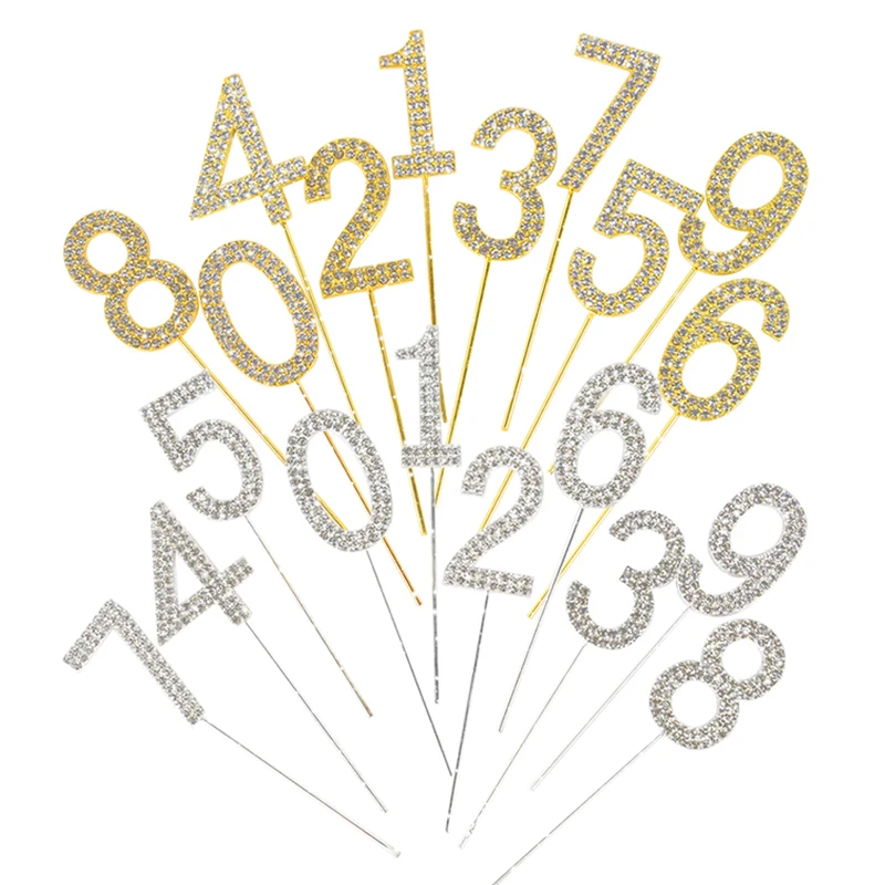 Glitter Alloy Rhinestone 0-9 Number Cake Toppers Gold Silver Digital Cupcake Topper Wedding Birthday Party Dessert Decorations, cake topper,cake toppers