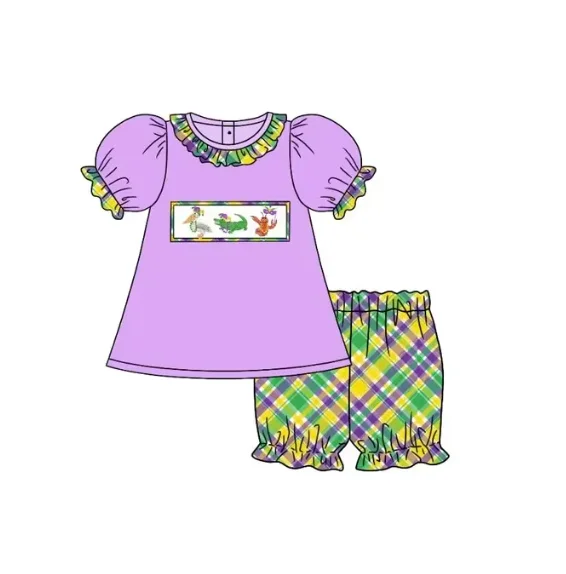 

Carnival Boutique Children's Set Puff Sleeve Cartoon Print Shorts Girls Boys Short Sleeve Plaid Set Baby Jumpsuits and Dresses