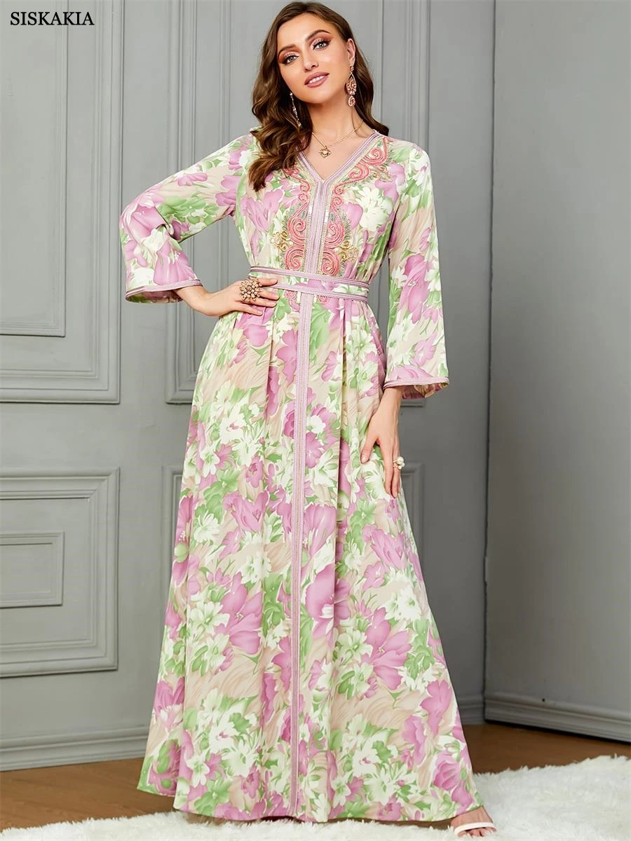 

Siskakia Pink Floral Embroidery Beading Printing Long Sleeve V-Neck Dubai Women Dress With Sashes African Gulf Evening Robe