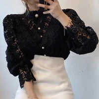 Elegant Loose Sweet Fashion Lace Women Blouse Office Stand Collar Casual Shirt Ladies Petal Long Sleeves Hollow Out Top Clothing - Image 4