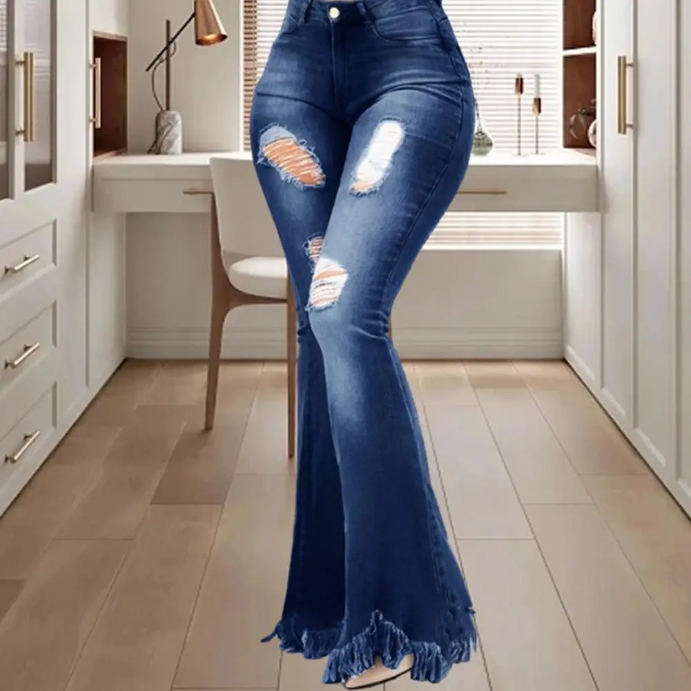 

Ripped Holes Design Denim Pants Stylish Women's Autumn Denim Flared Pants High Waist Ripped Holes Tassel Cuffs for Fashionable