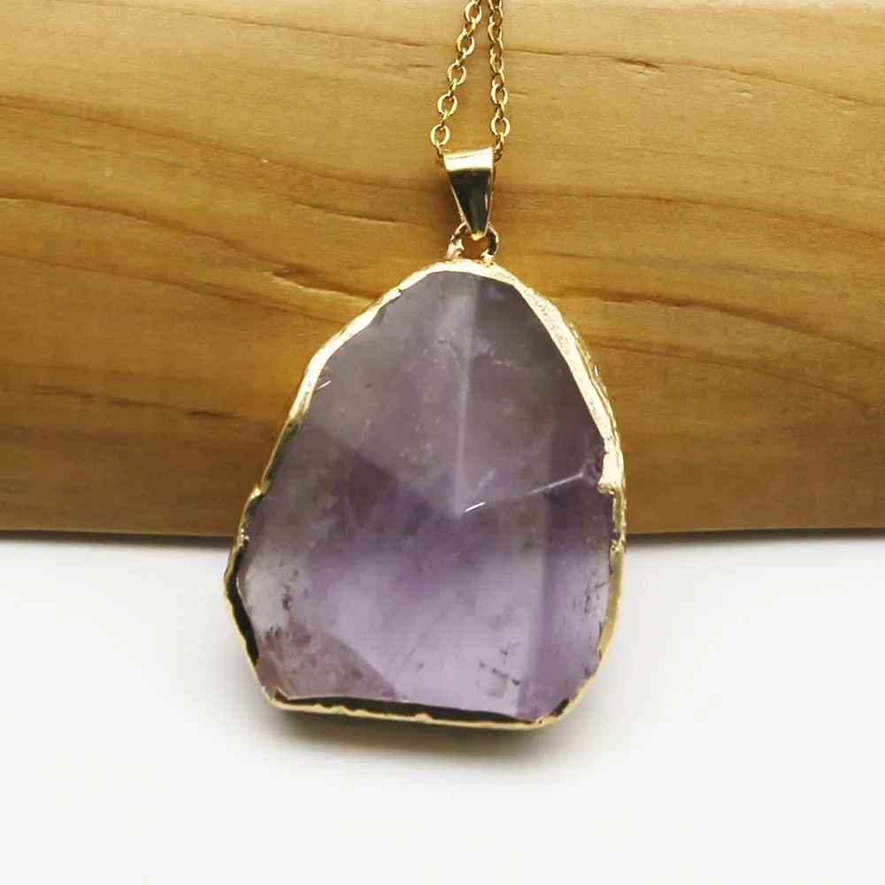 Quality Natural Amethyst Irregular Gold Plated Edge Necklace Pendant Stainless Steel Gold Chain Fashion Charms Jewelry Gift 4Pcs