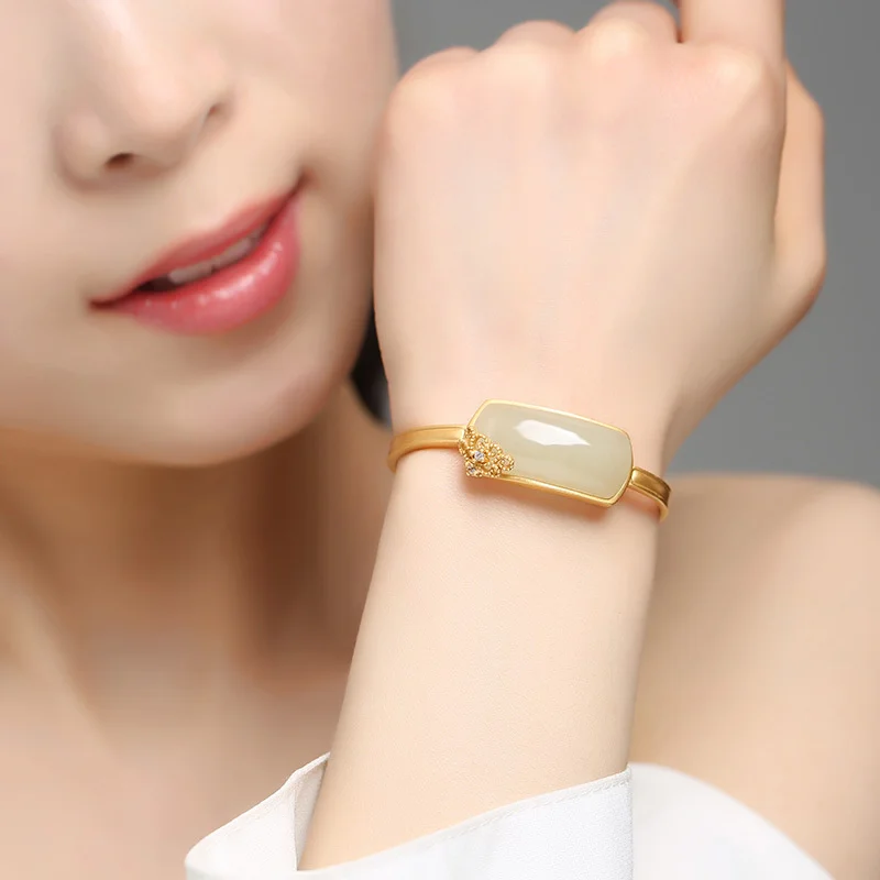 

Temperament Jade Geometry Bangle For Lady Mother Gift Trendy 925 Silver Bangle Open Size Women Party Accessories
