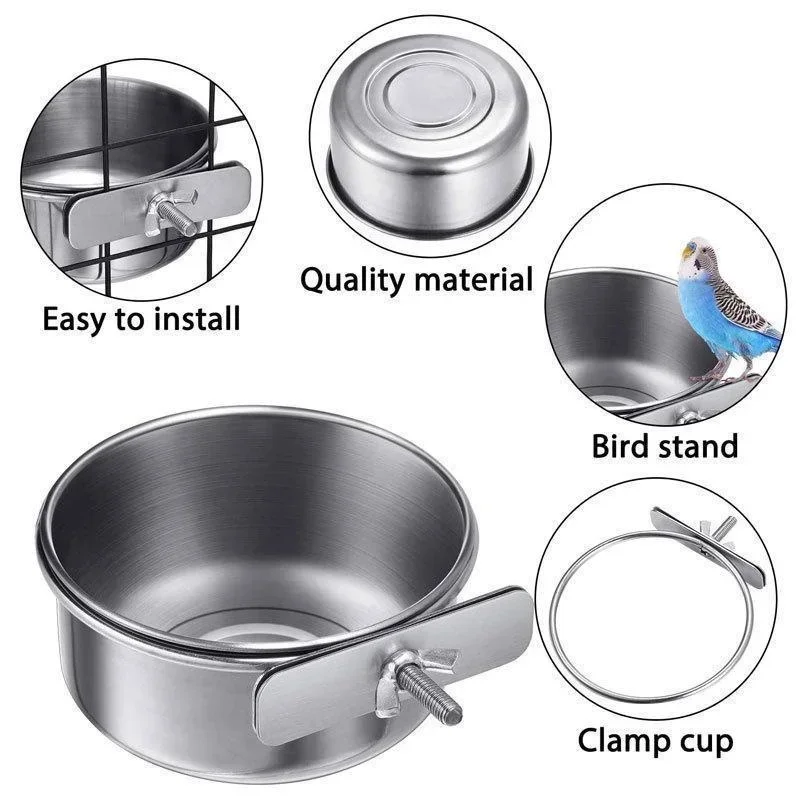 Parrot Feeder Bird Feeder Stainless Steel Food Water Cup With Clamp Holder