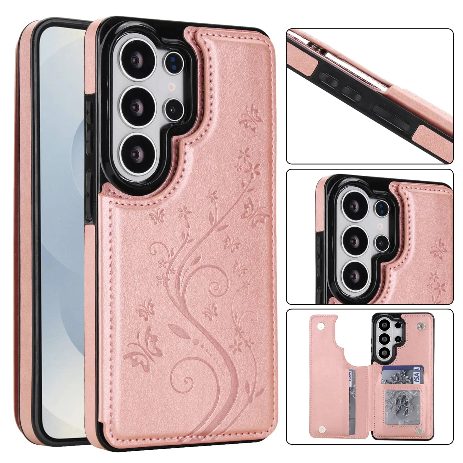 Floral Leather Wallet Phone Case with Stand and Card Holder, Double Magnetic Clasp