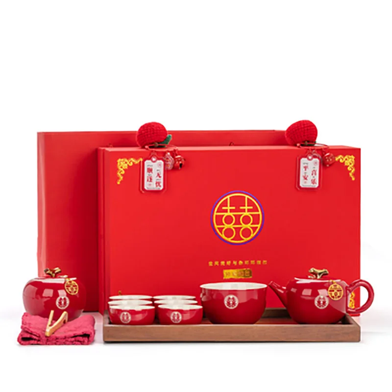 Ceramic Portable Travel Tea Set, Porcelain Kungfu Teapot, Traditional Red Teapot, Wedding Party, Marriage, Newlywed Supplies