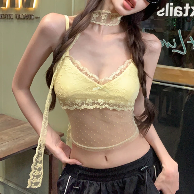 

Streetwear Mesh Splicing See-through Sexy Camisole Women 2024 Spring New Korean Polka Dots Solid Color All Match Crop Tops