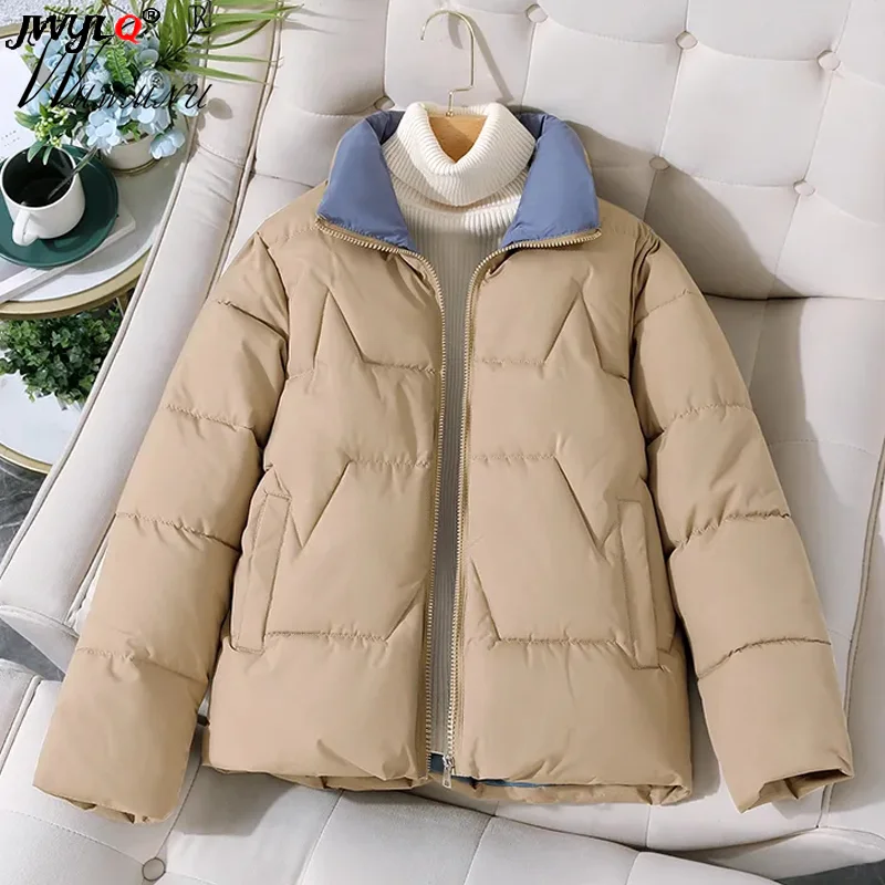 

New Winter Short Jackets Stand Collar Parkas Women Thick Khaki Cotton Coat Loose Puffy Warm Outwear Casual Zipper Cropped Casaco