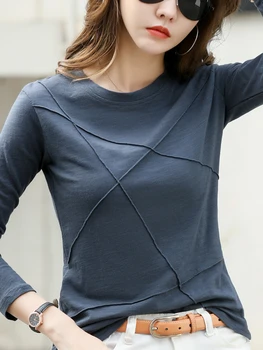 2025 Ribbed Sping Fashion Bamboo Cotton T-Shirt Autumn Women O-Neck Loose Simple Purple Tshirt Long Sleeve Ladies Green Cozy Top