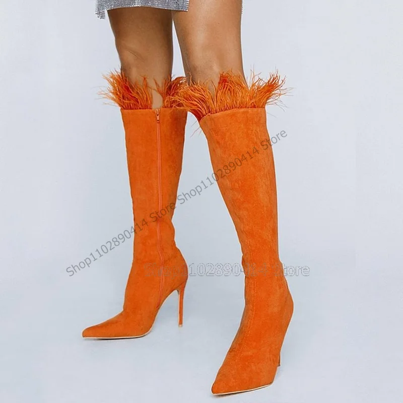 

Orange Feather Decor Pointed Toe Boots Side Zipper Women Shoes Thin High Heels Novel Fashion Sexy Party 2023 Zapatos Para Mujere