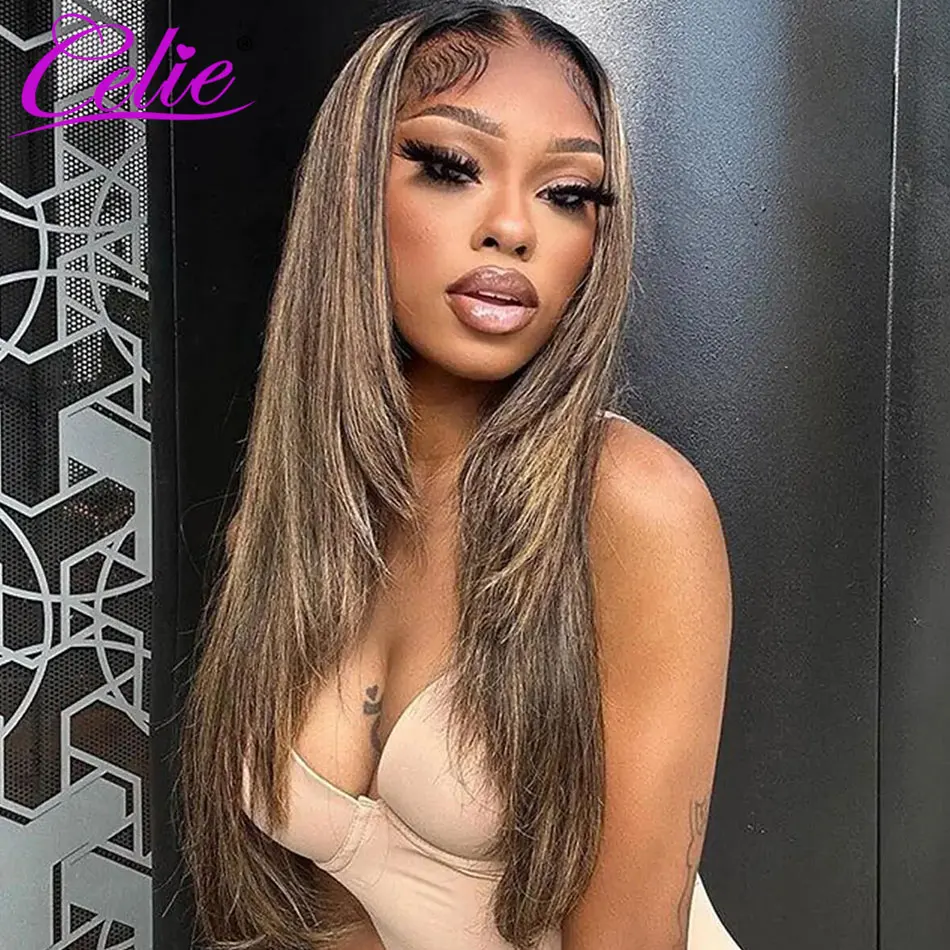 Celie Highlight Straight Wig With Layered Cut Pre Bleached Human Hair Wigs 200 Density Wear&Go Glueless 6x5 HD Lace Closure Wig