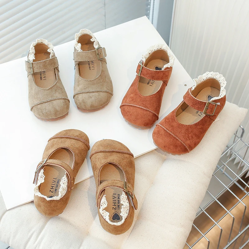 Spring Autumn Kids Flats Shoes Lace Ruffles Little Girls Princess Suede Shoes Soft Hook Loop Non Slip Children I02013