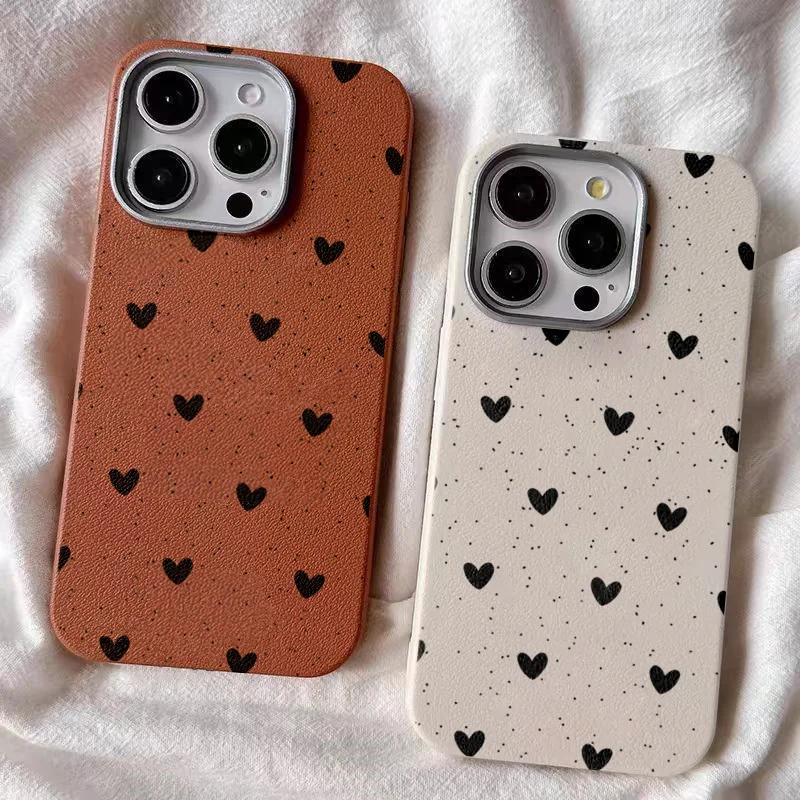 Chic Black Heart Leather Texture Phone Case Cover