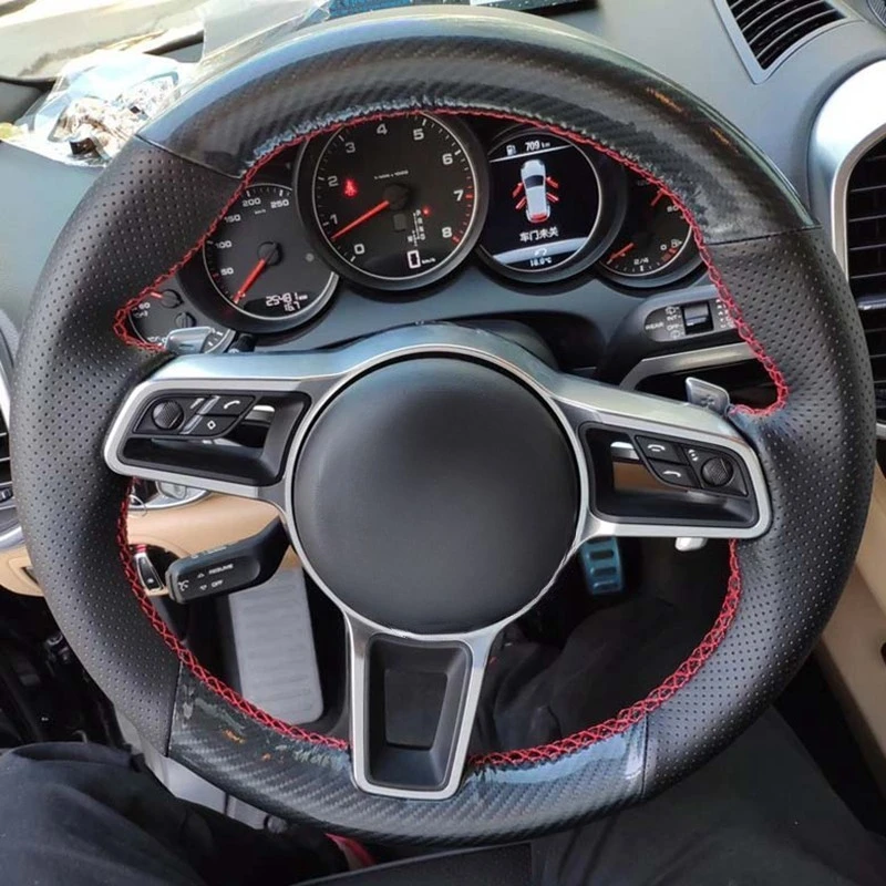 

Car Steering Wheel Cover Hand-Stitched Carbon Fiber Genuine Leather Car Steering Wheel Covers For Porsche Cayenne 2015-2016