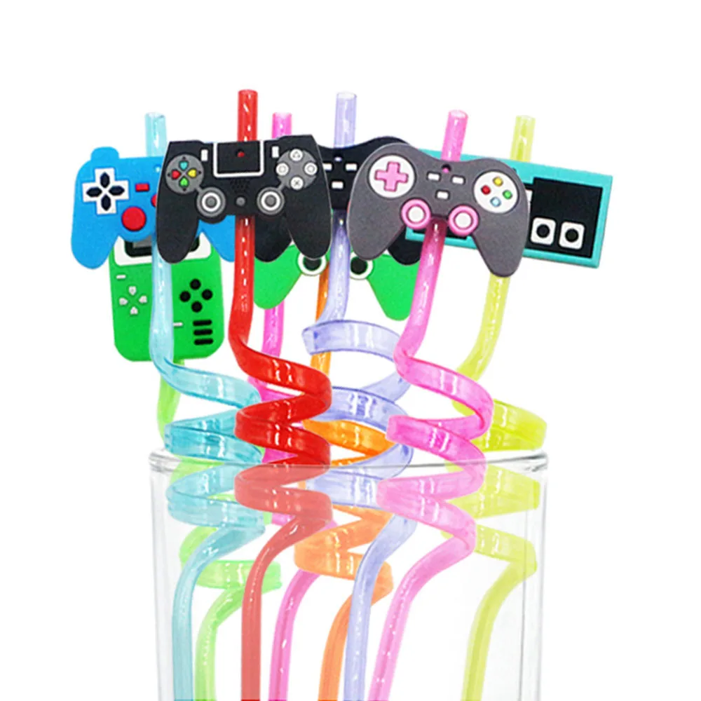 

8pcs Reusable Drinking Straws Video Game Party Favors Game Controller Plastic Straws Kids Birthday Party Supplies Decorations