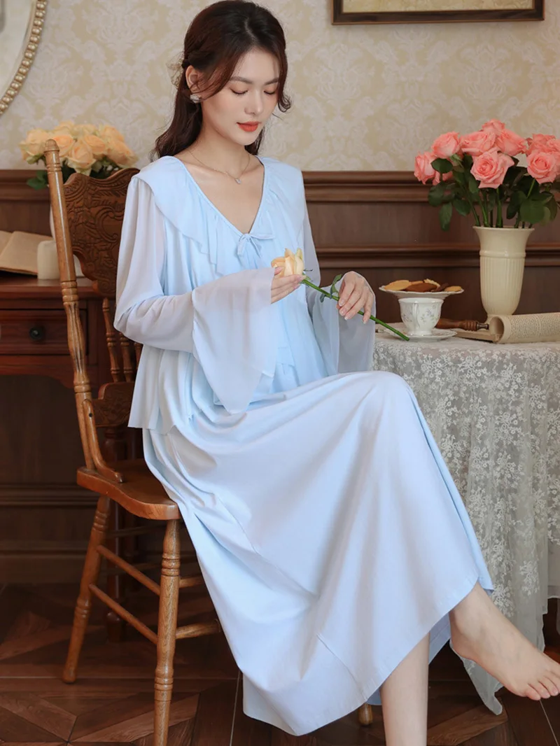 Women Ruffles V-Neck Vintage Nightgowns Lolita Princess Sleepwear White Mesh Fairy Night Dress Victorian Nightdress Loungewear