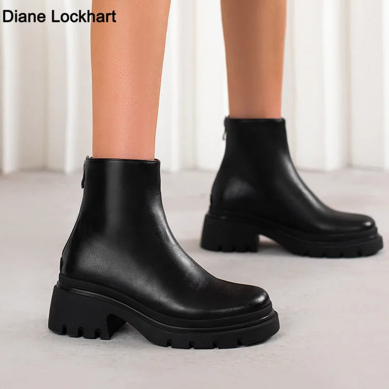 

2022 Fall/Winter Shoes Women Leather Ankle Boots Women Round Toe Thick Heel Women Shoes Solid Chelsea Boots Casual Women Boots