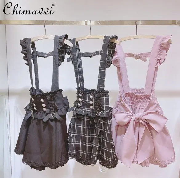 

Fashion Ribbon Bow Diamond Pearl Buckle Detachable Suspender Skirt High Waist Slimming Temperament Kawaii Sweet Skirt Women
