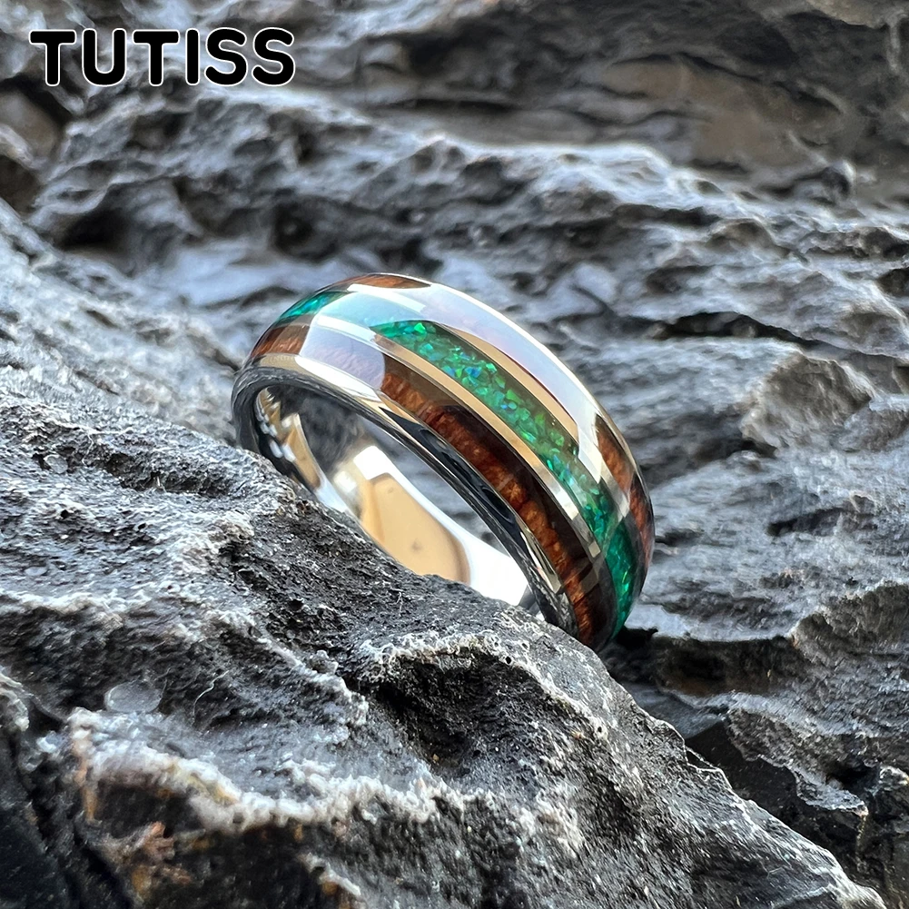 8mm Tungsten Ring for Men Women Engagement Wedding Band Jewelry Green Opal Koa Wood Inlay