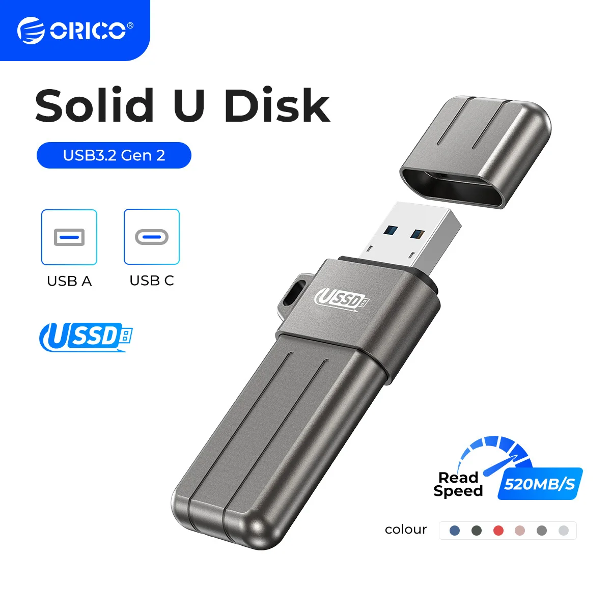 Orico-ussd Disco Móvel de Estado Sólido u Unidade Flash Usb tipo c 3.2 Pendrive de Metal Colorido 520 Mbps 1tb 512gb 256gb