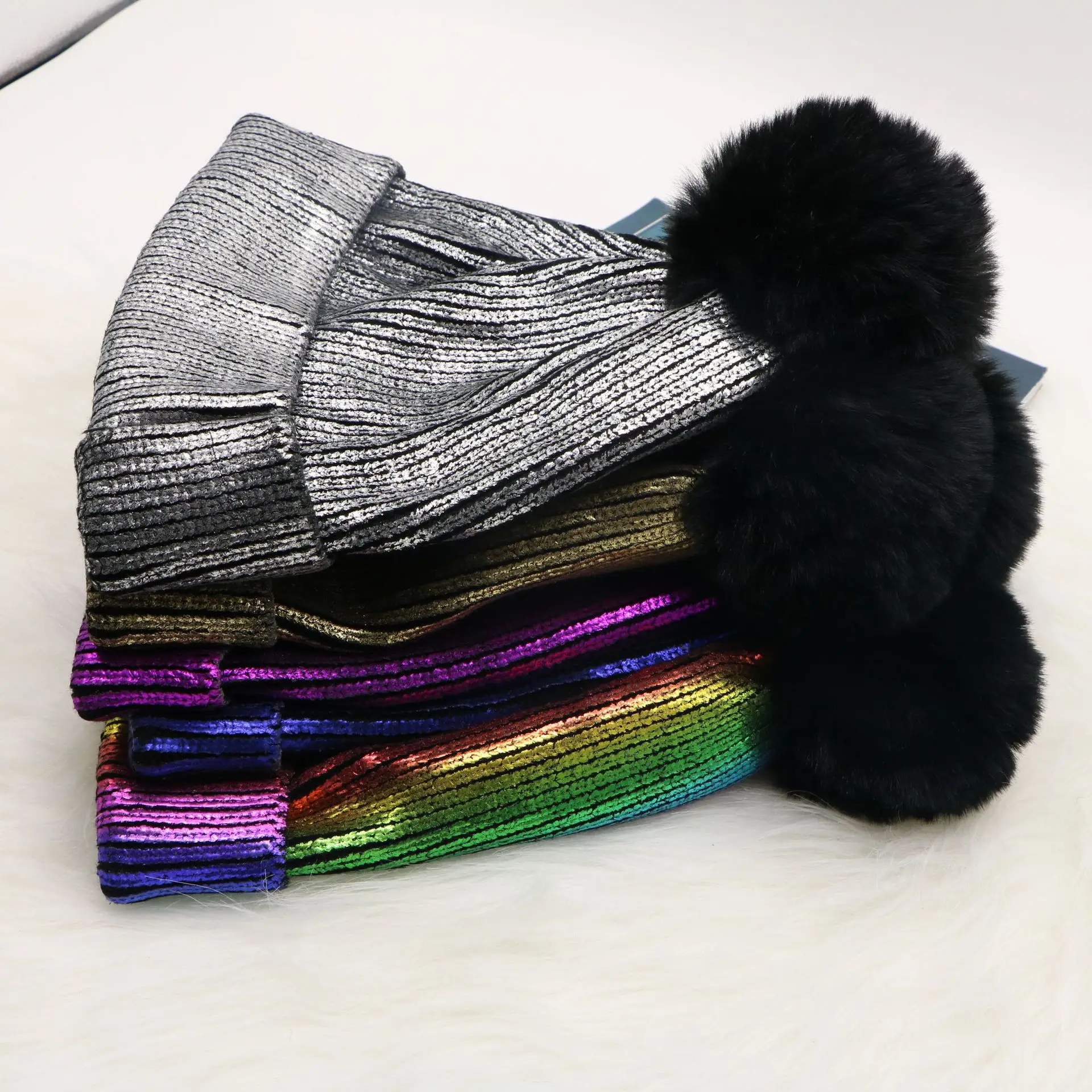 Knitted Winter Hats for Women Beanies Knitted Female Beanie Caps Fur Pom Pom Paillette Bling Hat Warmer Bonnet Ladies Casual Cap 3