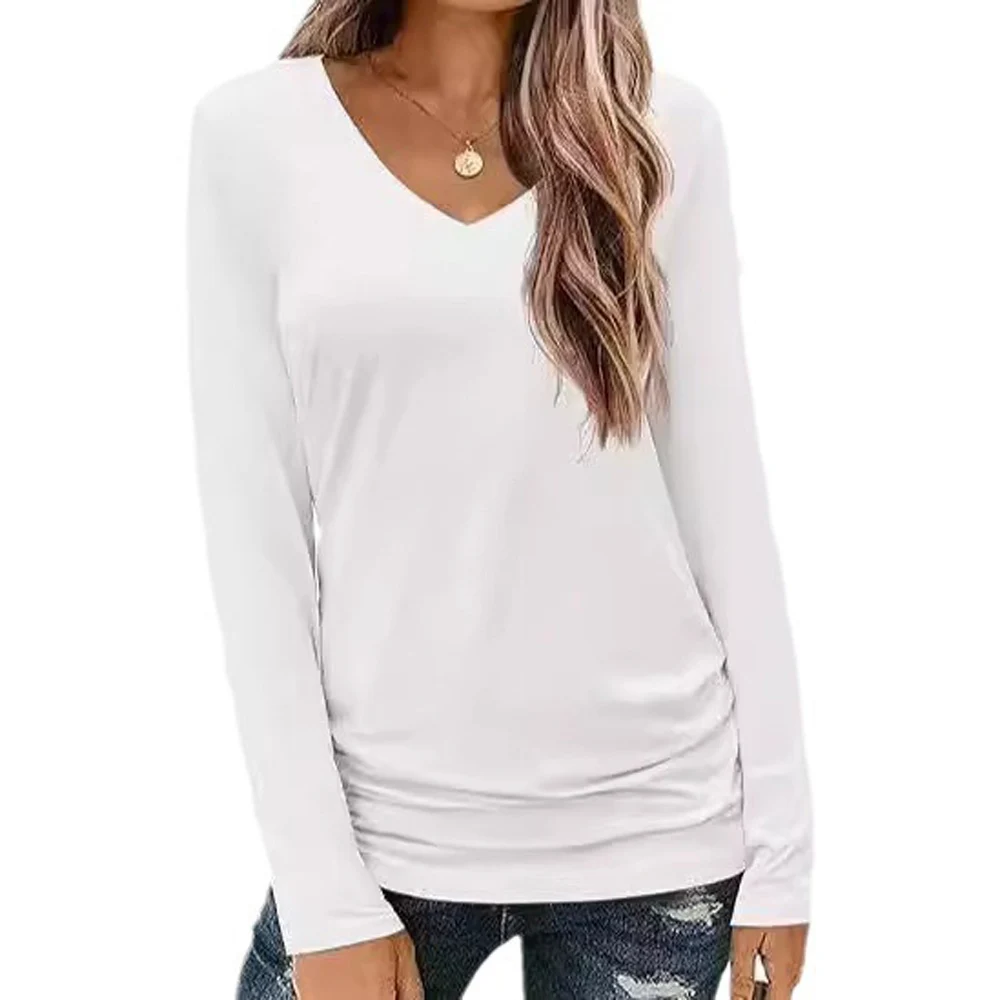 Women V Neck Long Sleeve Loose Fit Solid Color T Shirts