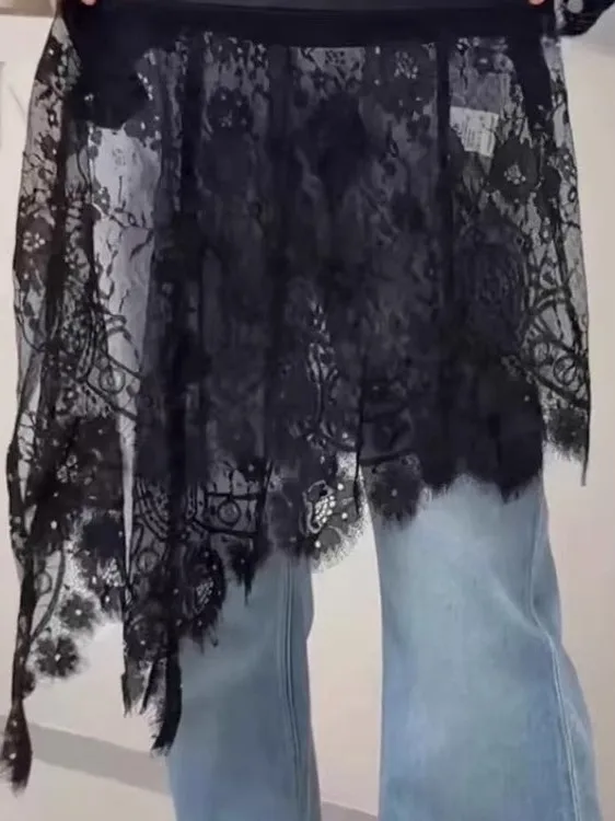 Faionable Asymmetric Lace Curtain Skirt Women's High Waist A-Line ort Skirt Layered Wear Summer New Arrival Korean Sle