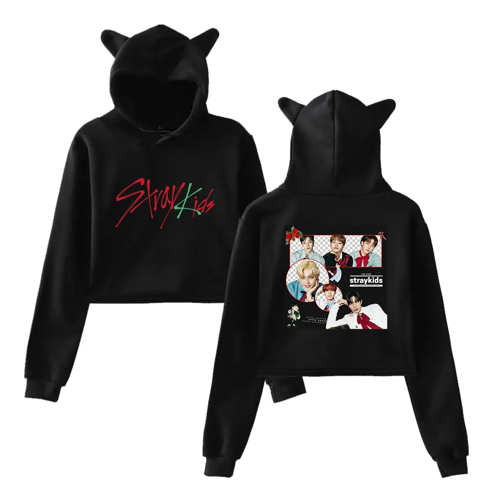 

Kpop Stray kids christmas mourning new ear cat hoodie cool designs wonder print crop tops short sweaters for women clothes