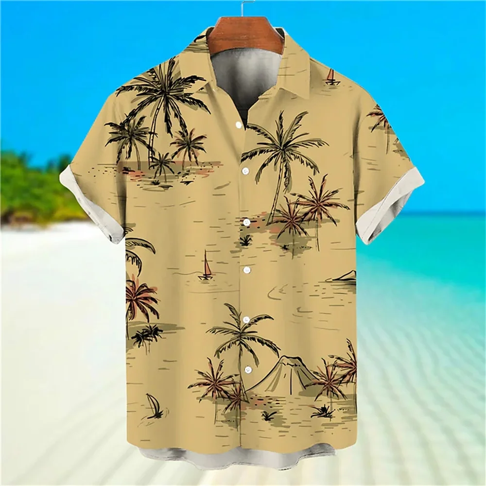 Fashion Trend Beach Coconut Tree Men's Shirt Summer Casual Lapel Short Sleeve Blouse Street Hip Hop Clothing Loose Cardigan Tops