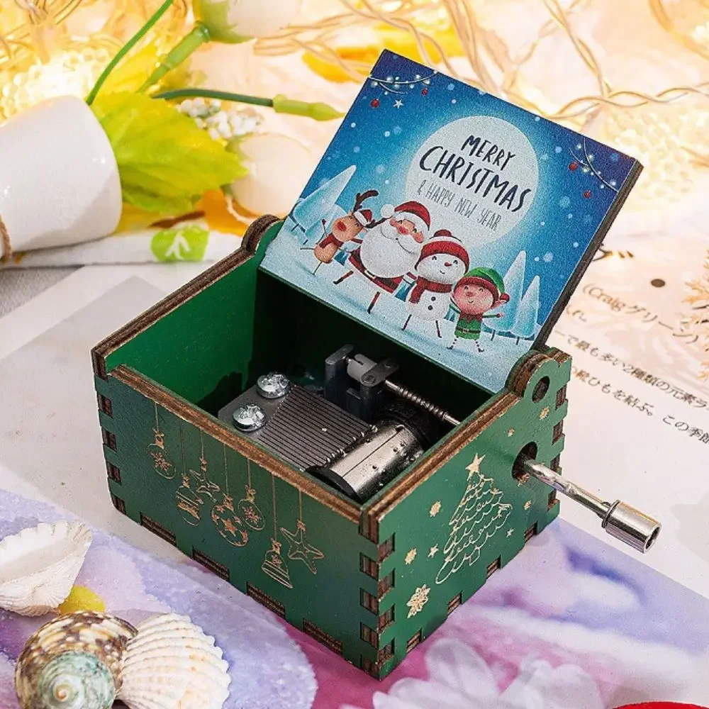 Hot Christmas Theme Music Box Green Carving Wooden Hand Crank Music Box Santa Claus Home Decor New Year Christmas Gift 5