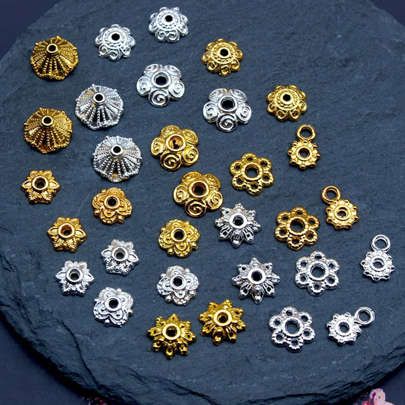 50pcs 7mm~10mm Metal Flower Shape Golden Tibetan Silver Color Alloy Metal Loose Spacer Beads Caps For Jewelry Making DIY
