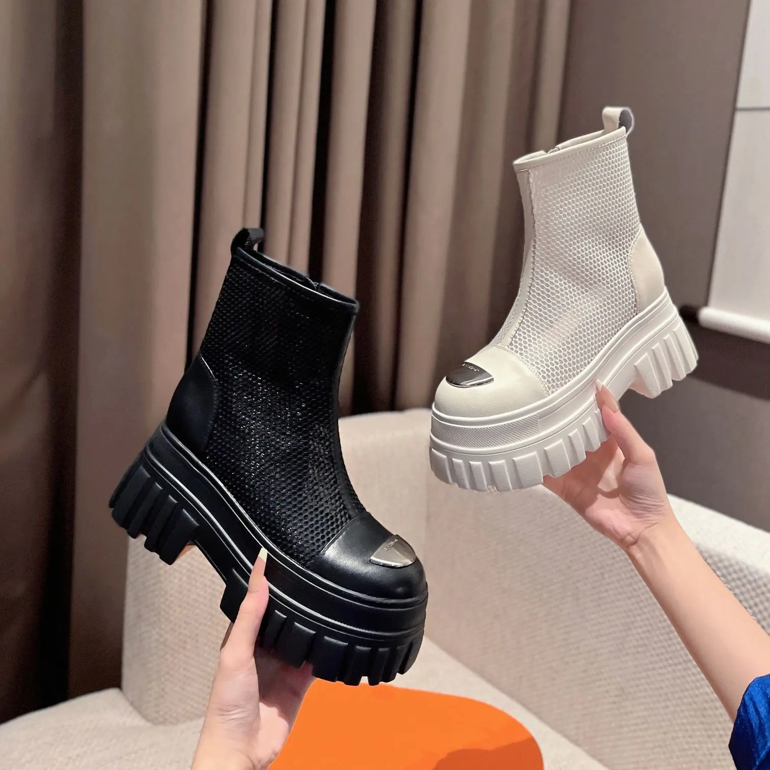 

Summer Women Mesh Boots Genuine Leather High Heels Platform Shoes Luxury Brand Fashion Design Cowgirl High Quality 2023 Zipper