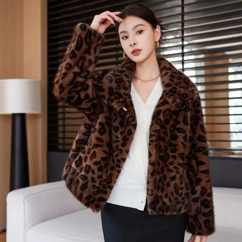 Mink Fur Coat For Women 2025 New Fashion Leopard Print Jacket Short High-Quality Mink Fur High-End Imitation Fur Jacket Zipper