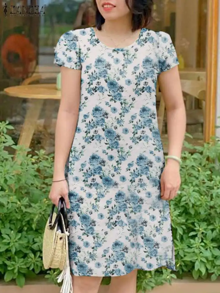 ZANZEA 여성용 O넥 반팔 원피스 파티 로브, 우아한 작업 휴일 복장, 보헤메인 프린트 선드레스, 카프탄 2024, 여름