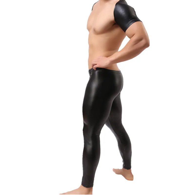 Sexy Mens Wet Look Faux Leather Crop Tops Muscle Arm Short Sleeves Shrug Stage Dance Clubwear Tight Long Pants Men Clothes Set