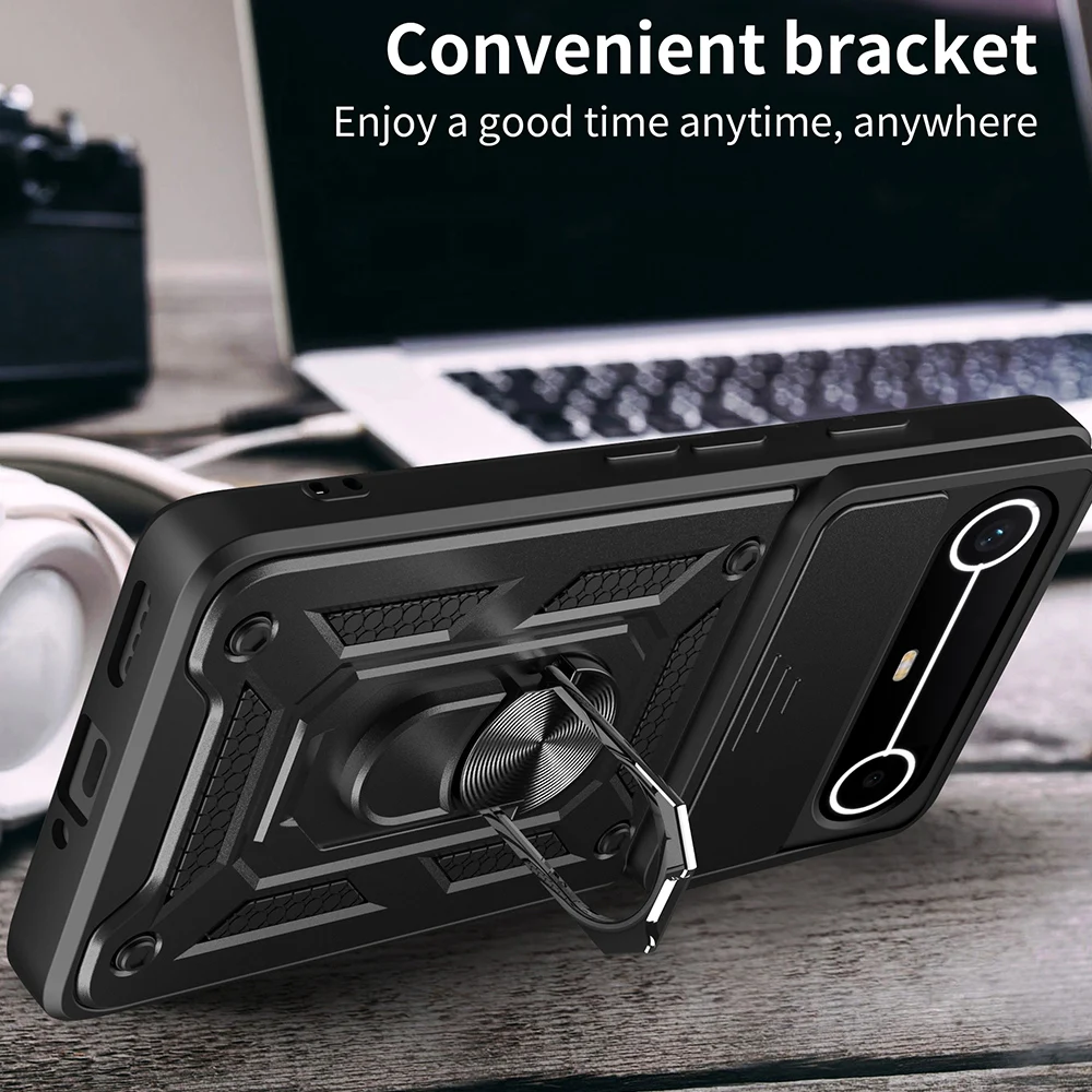 Slide Camera Cover with Ring Kickstand Holder - Full Protective Shockproof Phone Case