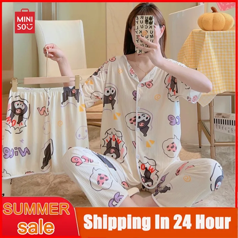 

Новая Пижама Miniso Kuromi для женщин, летняя Милая корейская модная одежда для сна с принтом и коротким рукавом, мультяшный пижамный комплект, домашняя одежда Y2k