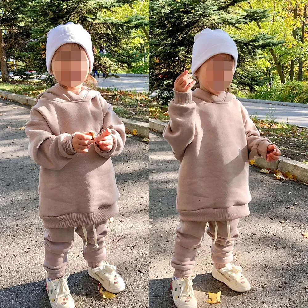 2025 Children Kids Fleece Winter Outfits Solid Cotton Hooded Sweatshirt + Pants Toddler Infant Suit Boy Girl Casual Warm Clothes kids clothing set girls clothing set kids sweatshirt set boys clothing set