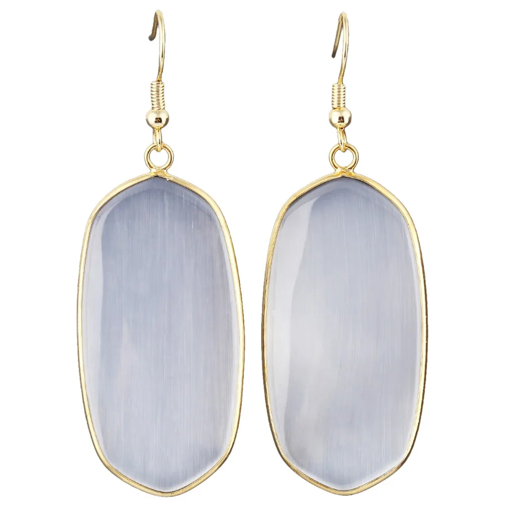 

TUMBEELLUWA White Cat's Eye Stone Oval Dangle Drop Charm Gold Color Hooking Earrings Jewelry For Women