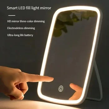 Specchio per trucco a LED con supporto Specchio cosmetico da viaggio quadrato bianco compatto pieghevole da tavolo con tre colori di luce possono scegliere 1