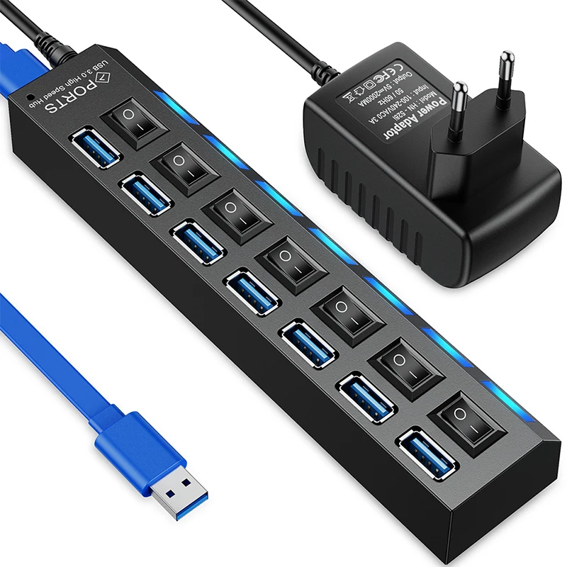 High Speed 7Port LED USB 2.0 Adapter Hub Multi-Port Socket Powered ON/OFF Switch Charger Splitter For Computer U Disk 1pcs