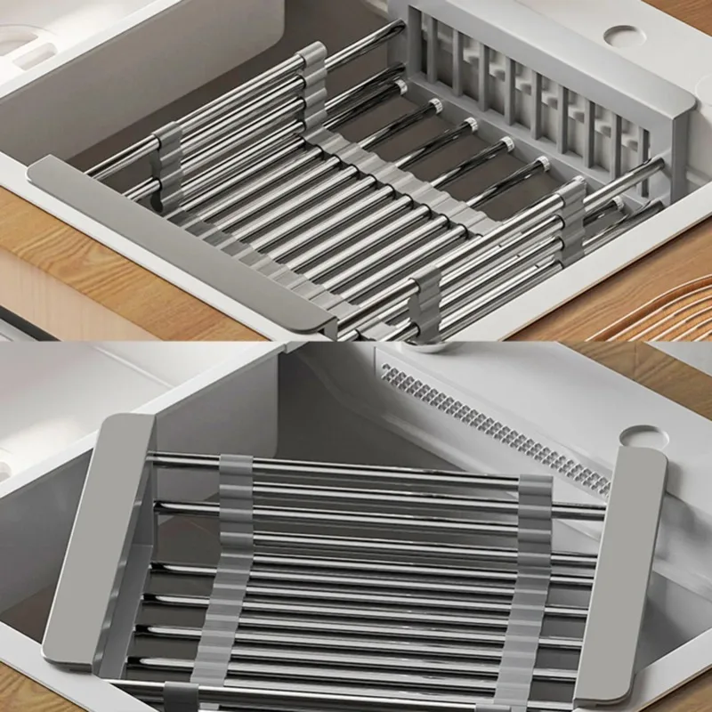 بالوعة المطبخ تلسكوبي استنزاف الرف أطباق الفولاذ المقاوم للصدأ أطباق أدوات المائدة استنزاف سلة الفاكهة والخضروات تخزين الرف