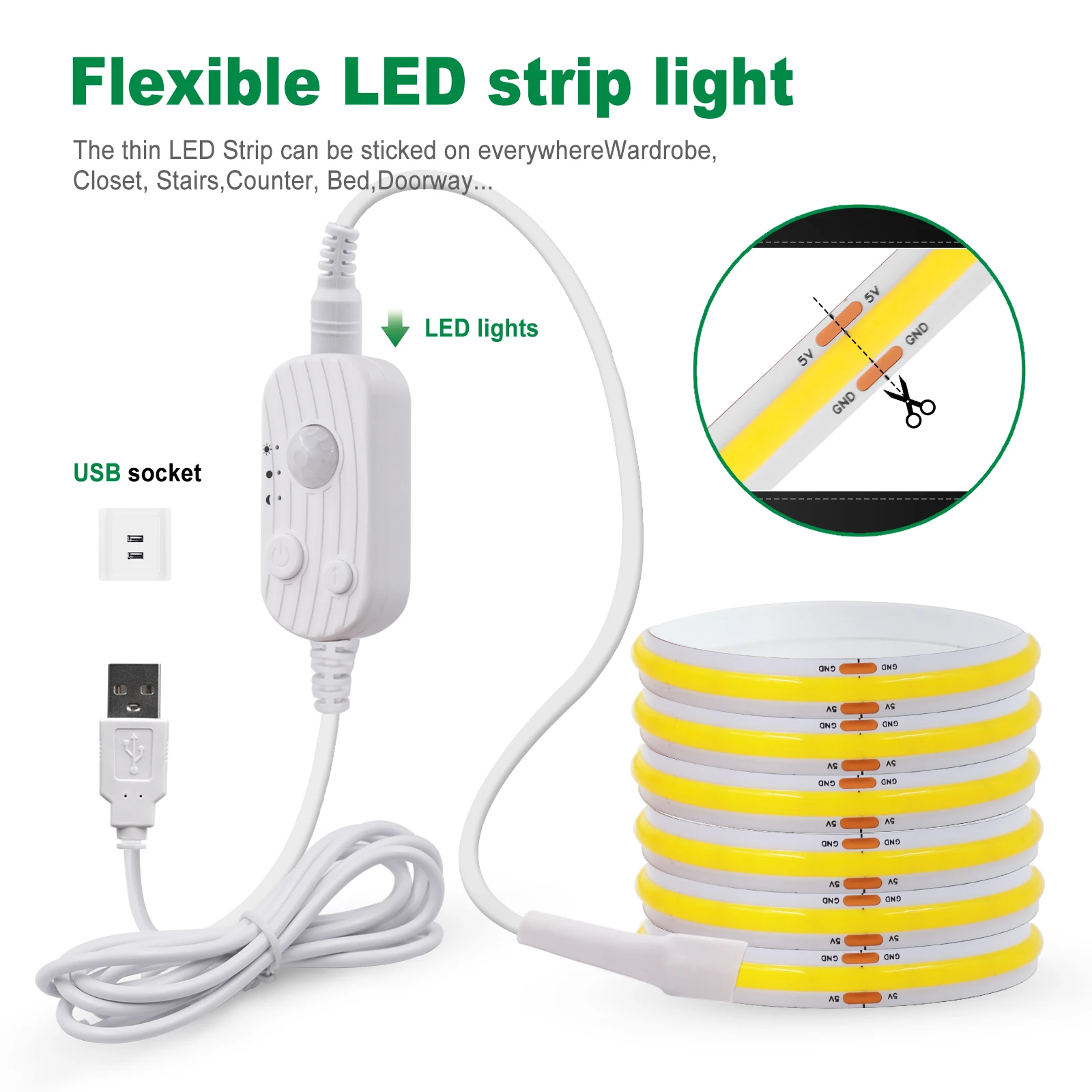 LED Night Light DC 5V LED COB Strip 8MM Battery USB Wireless Motion Sensor 320LEDs/M Kitchen Stairs Wardrobe Bed Cabinet Side