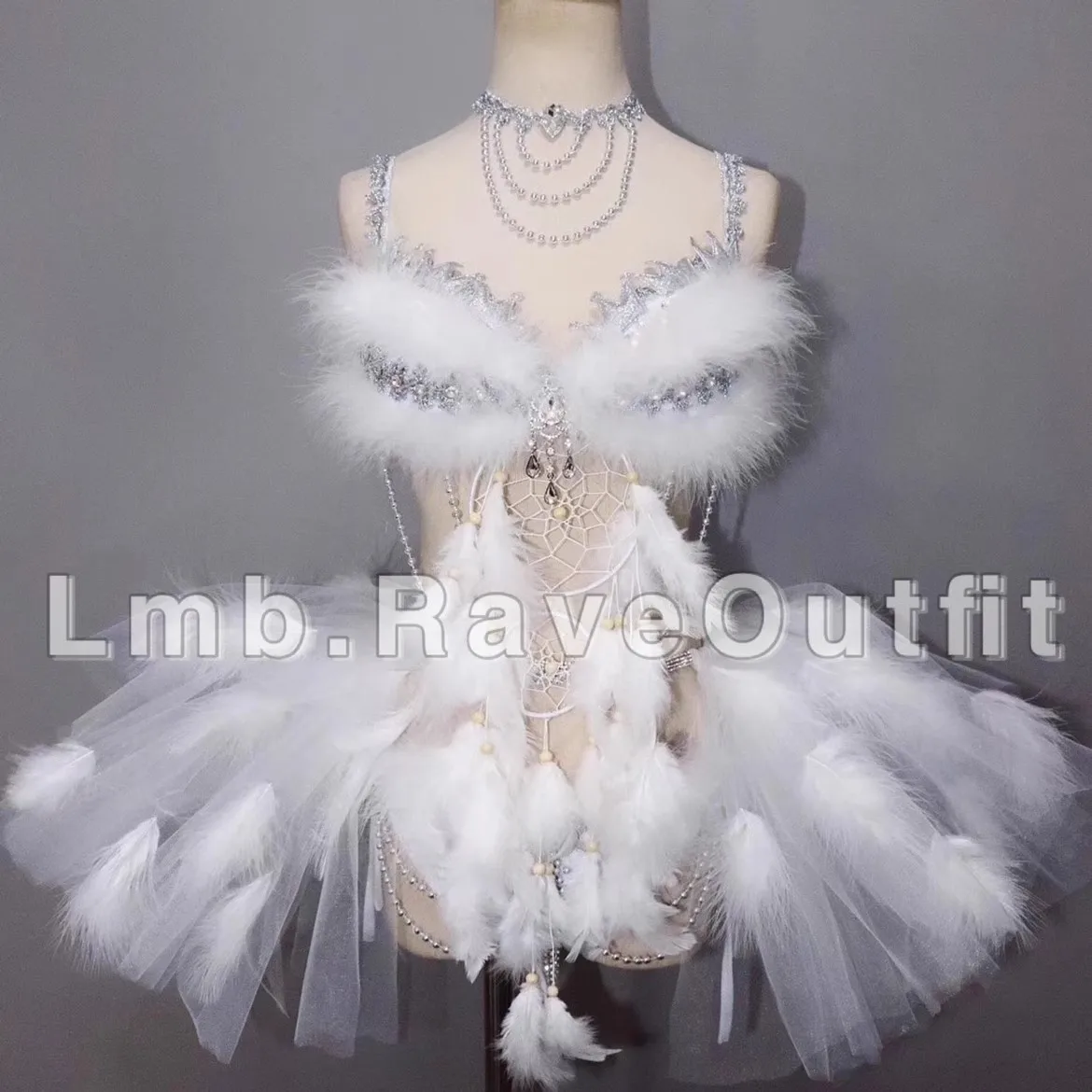 

White Feather Cute Sexy Tutu Skirt Outfits Women Clothing Singer Bar Nightclub Party Dance Stage Performance Costume