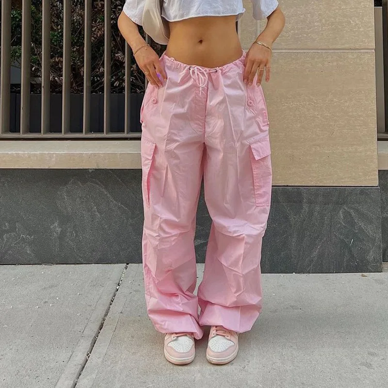 

Pink High Waist Long Pant Women Fashion Pocket Wide Leg Pants 2023 Elegant Casual Loose Ladies Trousers 2023 Y2K Streetwear