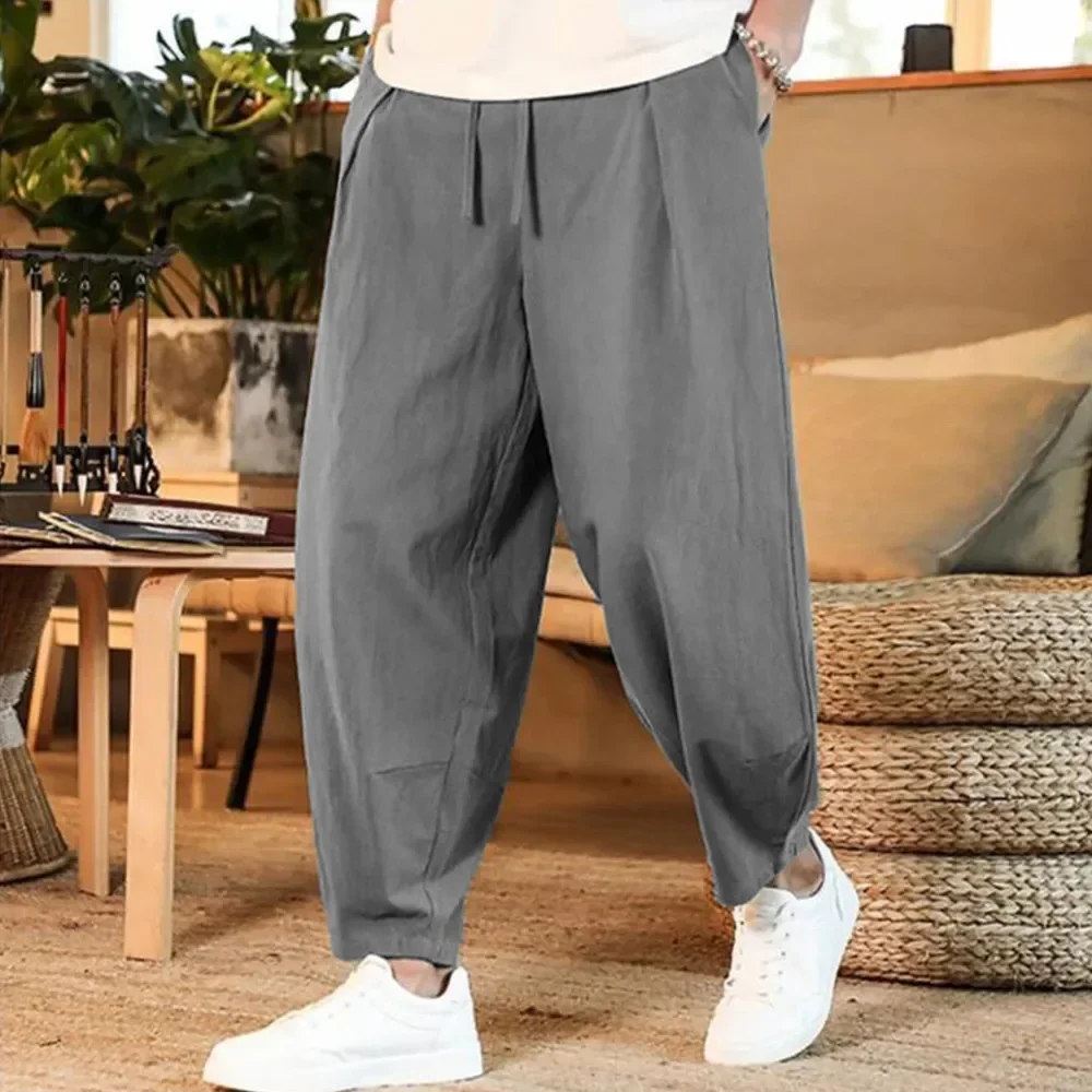 2024 Men's Pants Cotton and Linen Male Summer New Pure Color Mens Trousers Loose Baggy Streetwear Plus Size